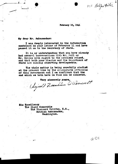 [a337a01.jpg] - FDR to British Ambassador Lord Halifax 2/19/41