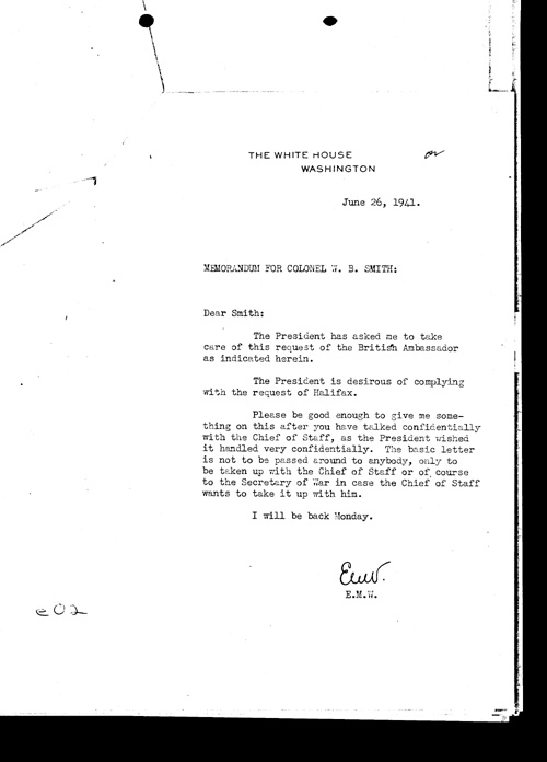 [a337e02.jpg] - General Watson -->Colonel W. B. Smith 6/26/41