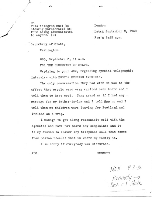 [a339n03.jpg] - Telegram, J. Kennedy-->Sect. of State 9/3/38