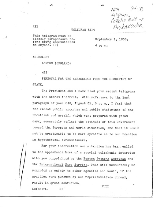 [a339n04.jpg] - Telegram, Cordell Hull-->Ambassador 9/1/38