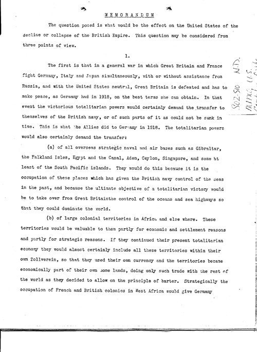 [a339s02.jpg] - Memo, Effect on U.S. if British Empire declines N.D.