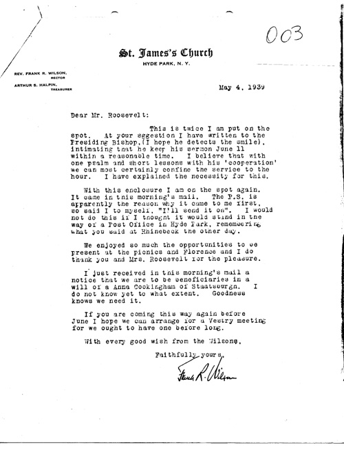 [a343o03.jpg] - Rev. Frank Wilson -->FDR. 5/4/39.