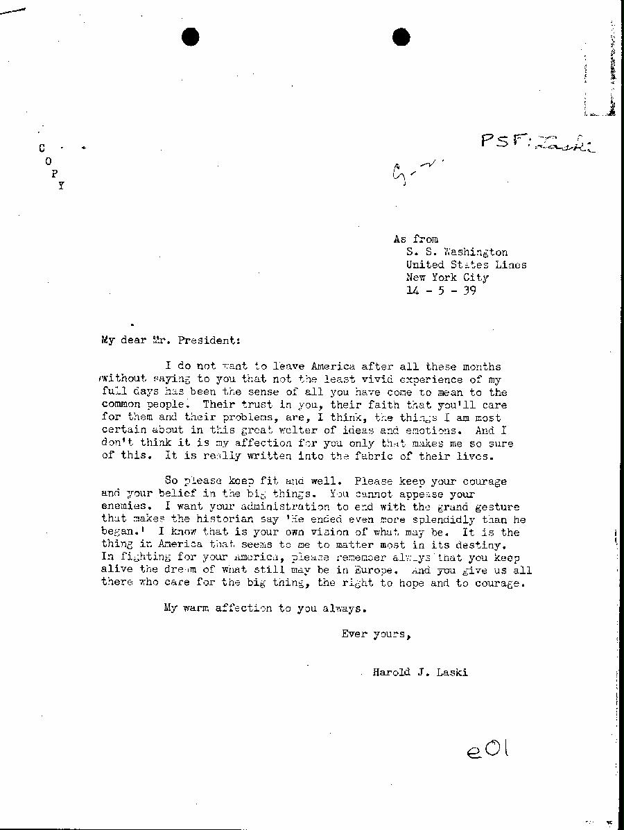 [a345e01.jpg] - Harold Laski --> F.D.R (Typed) 5/14/1939