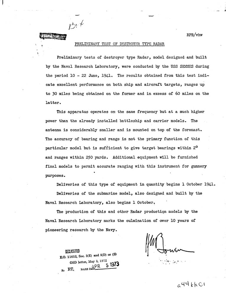 [a44kk01.jpg] - Preliminary Test of Destroyer Type Radar