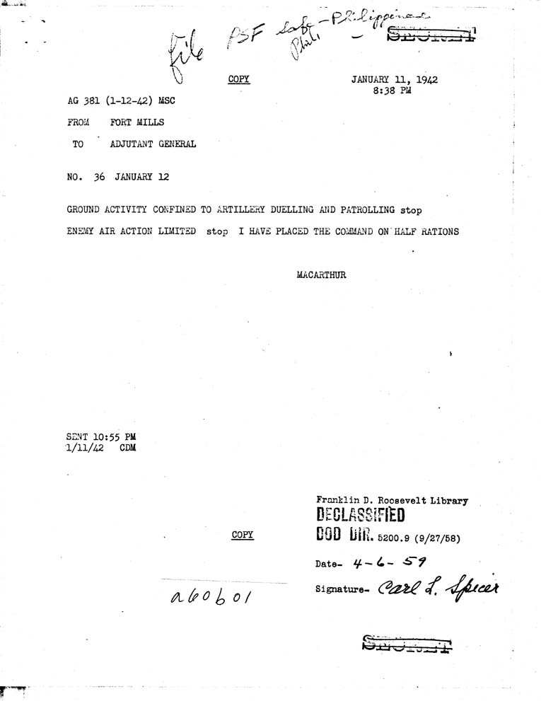 [a60b01.jpg] - MacArthur to Adjutant General 1/11/42