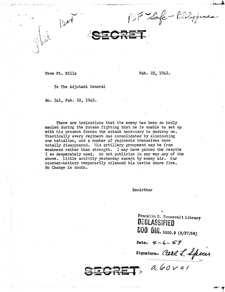 [a60v01.jpg] - MacArthur to Adjutant General 2/22/42