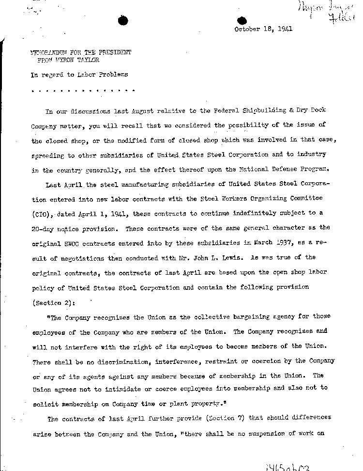 [a465ab03.jpg] - Memorandum for the President from Taylor 10/18/41