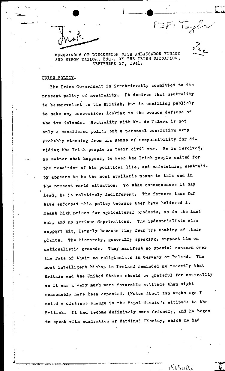 [a465u02.jpg] - Memorandum of Discussion with Ambassador Winat and Myron Taylor 9/27/41