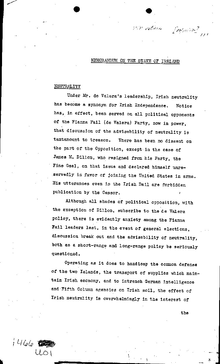 [a466u01.jpg] - memo on State of Ireland 10/10/42