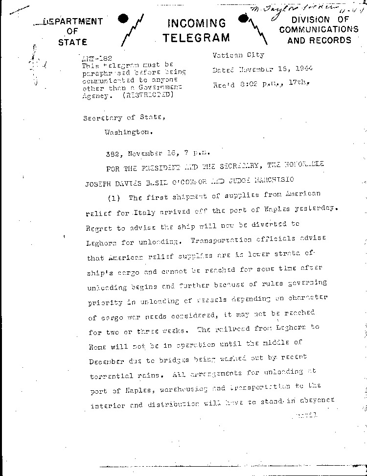 [a471f01.jpg] - Taylor-->F.D.R., Sec., Hon. J.D.B. O'Connor 11/16/44