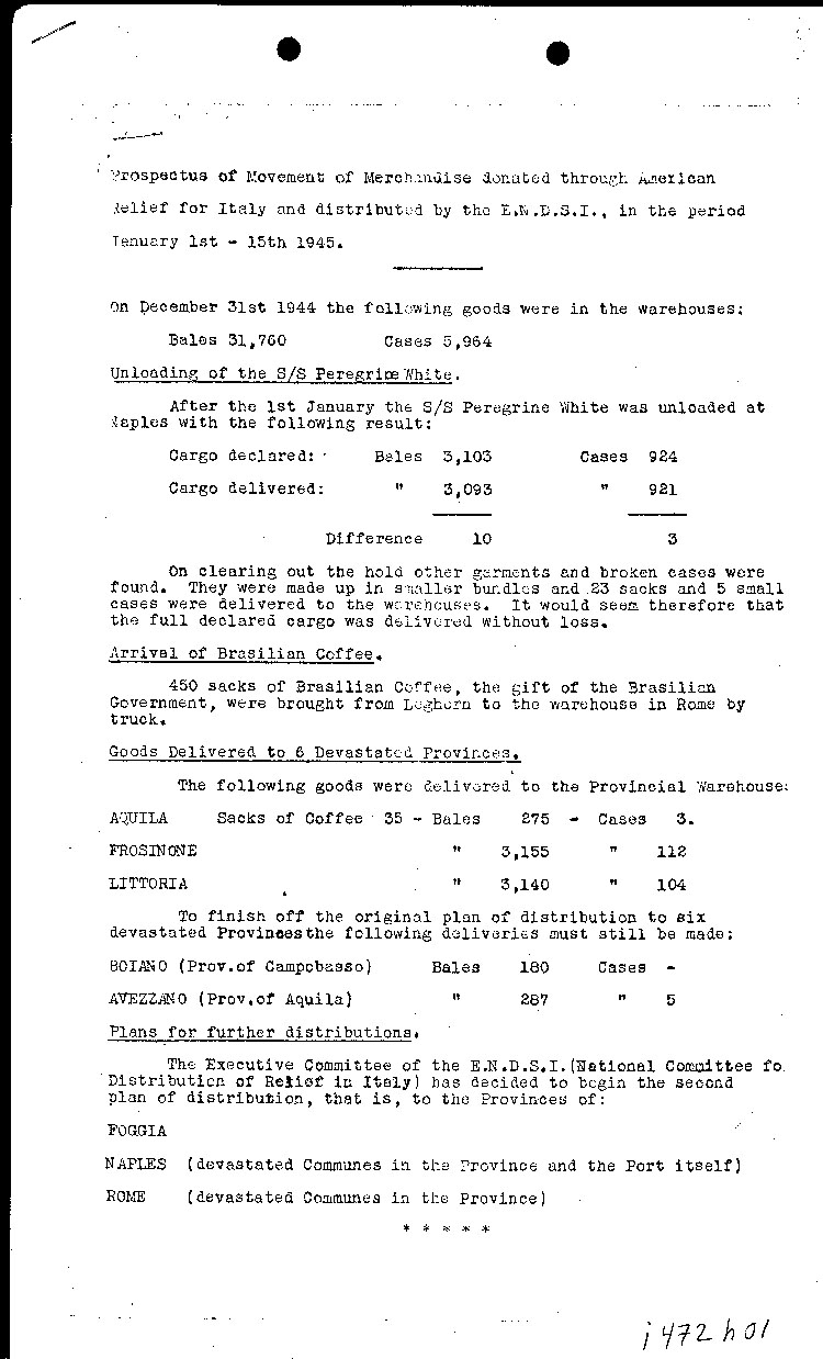 [a472h01.jpg] - Prospectus of Movement of Merchandise Donated through American Relief and Distributed by E.N.D.S.I. 1/1 to 1/15/45