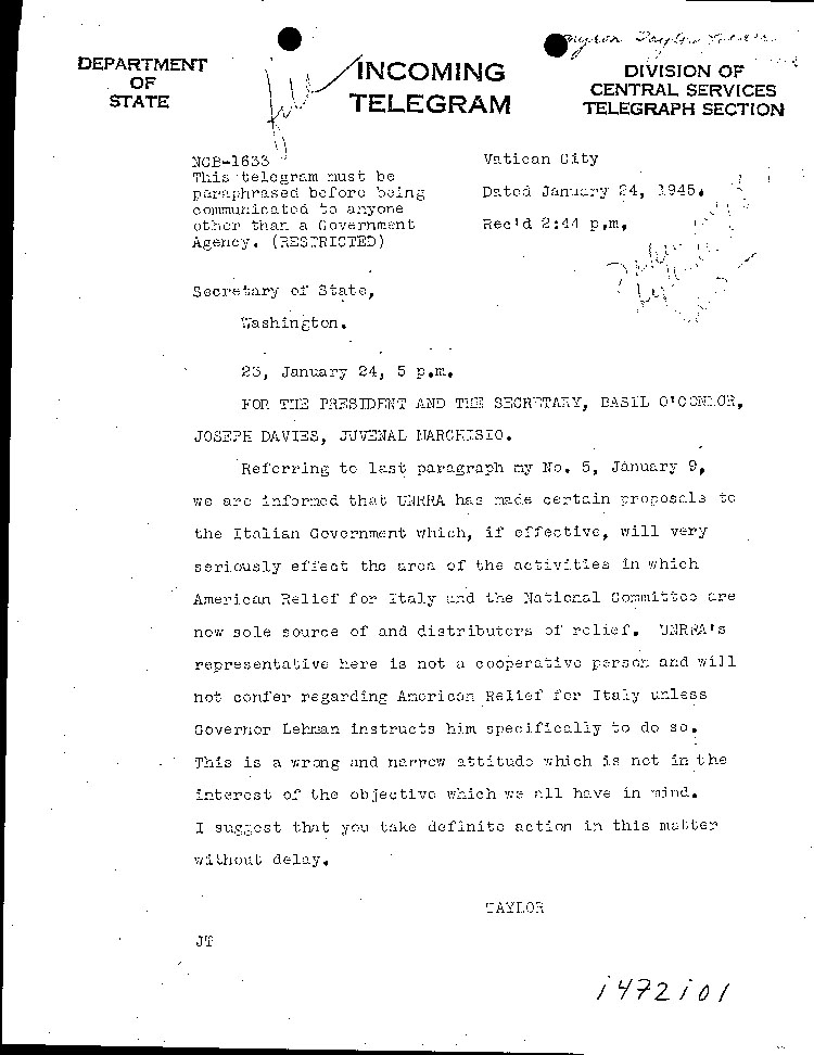 [a472i01.jpg] - telegram from Taylor to FDR 1/24/45