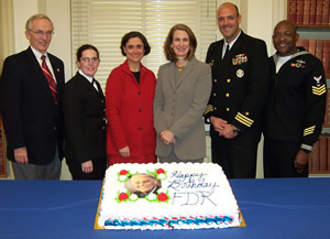 Photo of USS Roosevelt crew members at the Library celebrating FDR's
birthday.