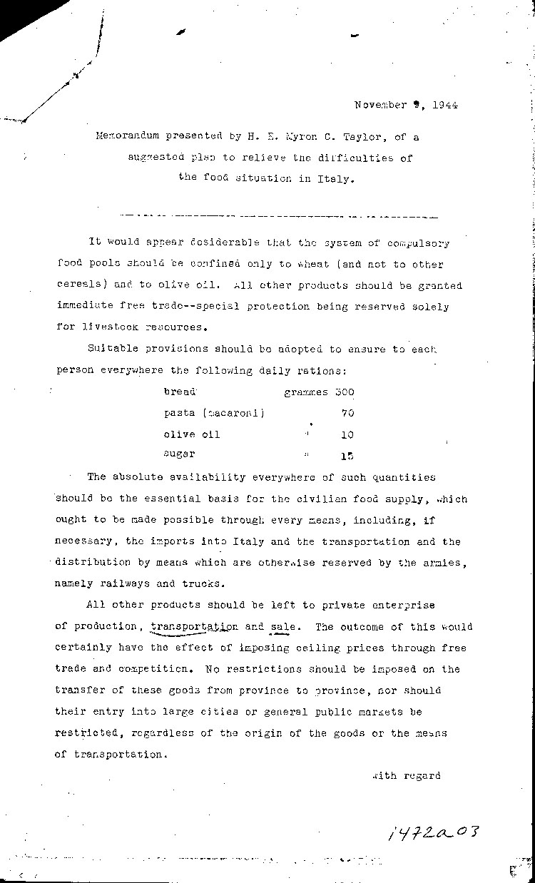 [a472a03.jpg] - Memorandum by Taylor re: relief for Italian Refugees 11/9/44