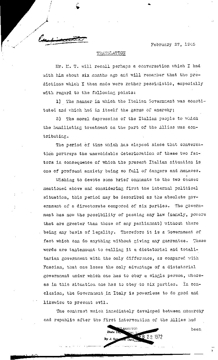 [a474c02.jpg] - Translation of memorandum from former P.M. Orlando-->Myron Taylor 2/27/45